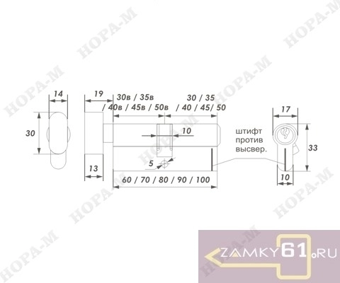 Механизм цилиндровый ЛУВ 90 (45х45) (латунь, ключ - вертушка) Нора-М фото 2