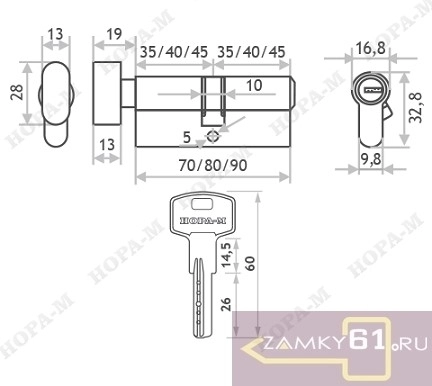 Механизм цилиндровый STD Z ЛПВ 70 (40х30в) (золото, ключ - вертушка) Нора-М фото 2