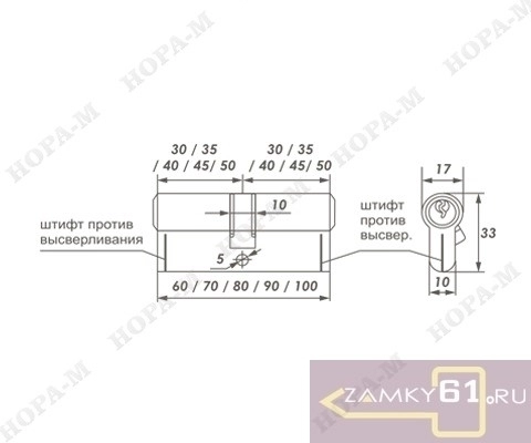 Механизм цилиндровый ЛПУ 90 (55х35) (хром, ключ - ключ) Нора-М  фото 2