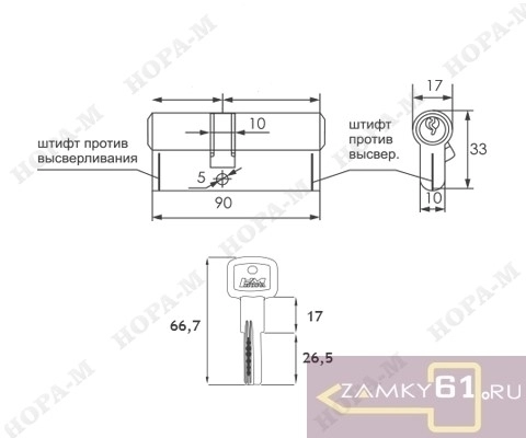 Механизм цилиндровый ЛПУ 70 УК (35х35) (хром, ключ - ключ) Нора-М фото 3