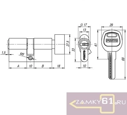 Механизм цилиндровый PUNTO 60 (30х30) РВ (латунь, ключ - вертушка) А202 фото 2